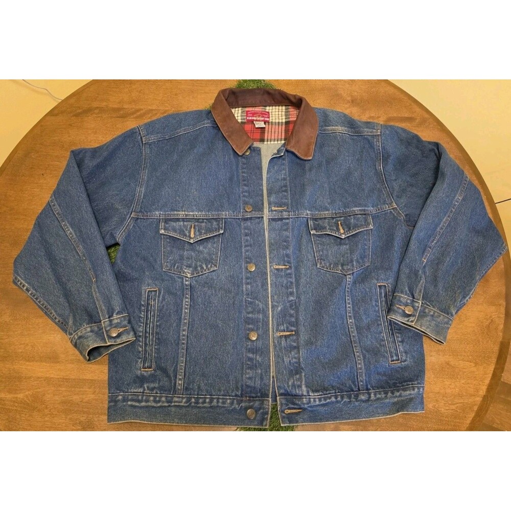 VTG MARLBORO Country Store Denim Jean Jacket Men's Sz XL Leather Collar Plaid